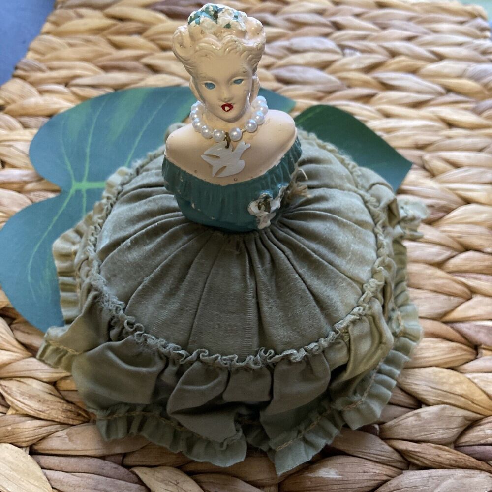 Vintage Chalkware Lady Half Doll Pin Cushion Depression Era Sage Satin Skirt
